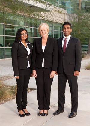 Tusaani Kumaravadivel, faculty advisor Shannon Goodspeed, and Som Ghosh